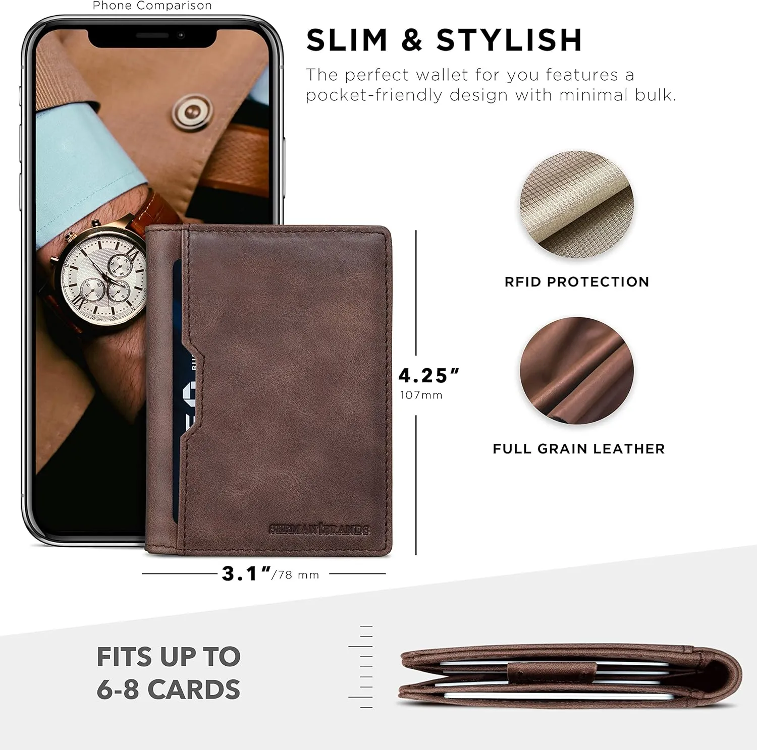 SERMAN BRANDS Wallets for Men Slim Mens leather RFID Blocking Minimalist Card Front Pocket Bifold Travel Thin