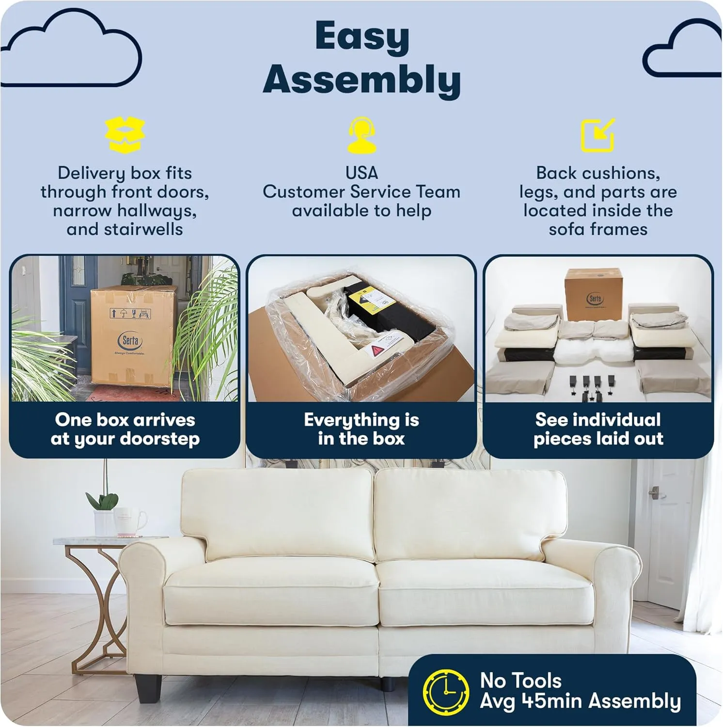 Serta Palisades 61" Track Arm Sofa, Easy Care Polyester, Soft Pillow Back, Pocket Coil Seat Cushions, Removable Covers, Loveseat or Couch for Small Spaces, Living Rooms or Bedrooms, Brown