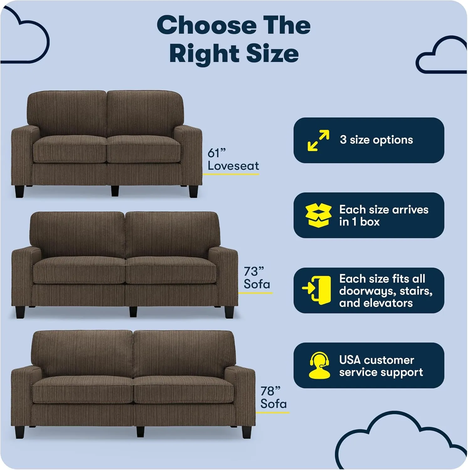 Serta Palisades 61" Track Arm Sofa, Easy Care Polyester, Soft Pillow Back, Pocket Coil Seat Cushions, Removable Covers, Loveseat or Couch for Small Spaces, Living Rooms or Bedrooms, Brown