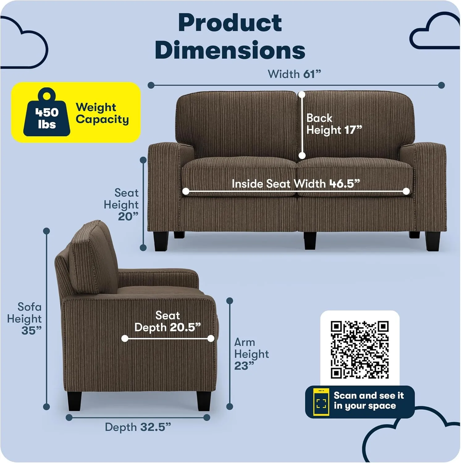 Serta Palisades 61" Track Arm Sofa, Easy Care Polyester, Soft Pillow Back, Pocket Coil Seat Cushions, Removable Covers, Loveseat or Couch for Small Spaces, Living Rooms or Bedrooms, Brown