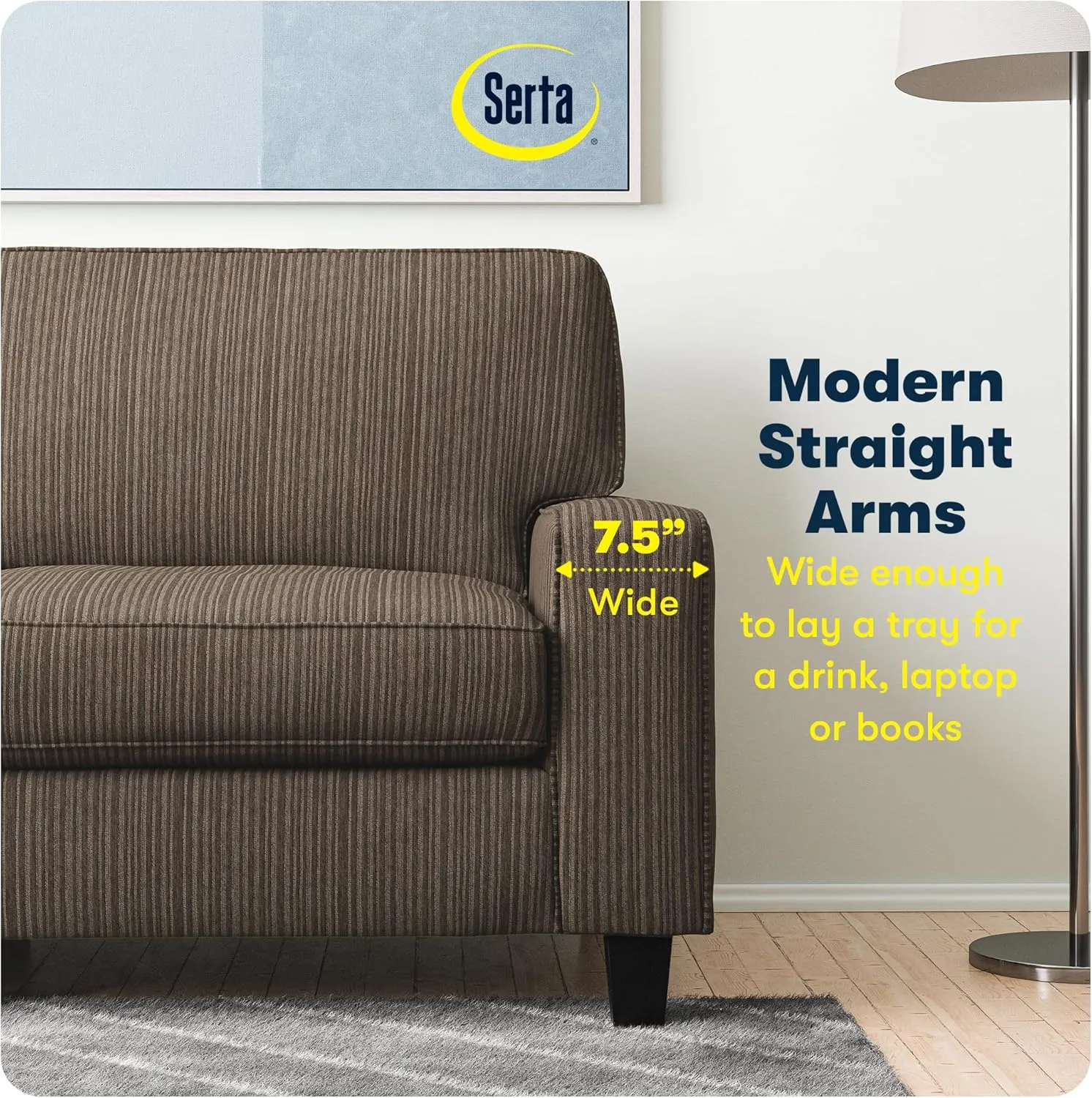 Serta Palisades 61" Track Arm Sofa, Easy Care Polyester, Soft Pillow Back, Pocket Coil Seat Cushions, Removable Covers, Loveseat or Couch for Small Spaces, Living Rooms or Bedrooms, Brown