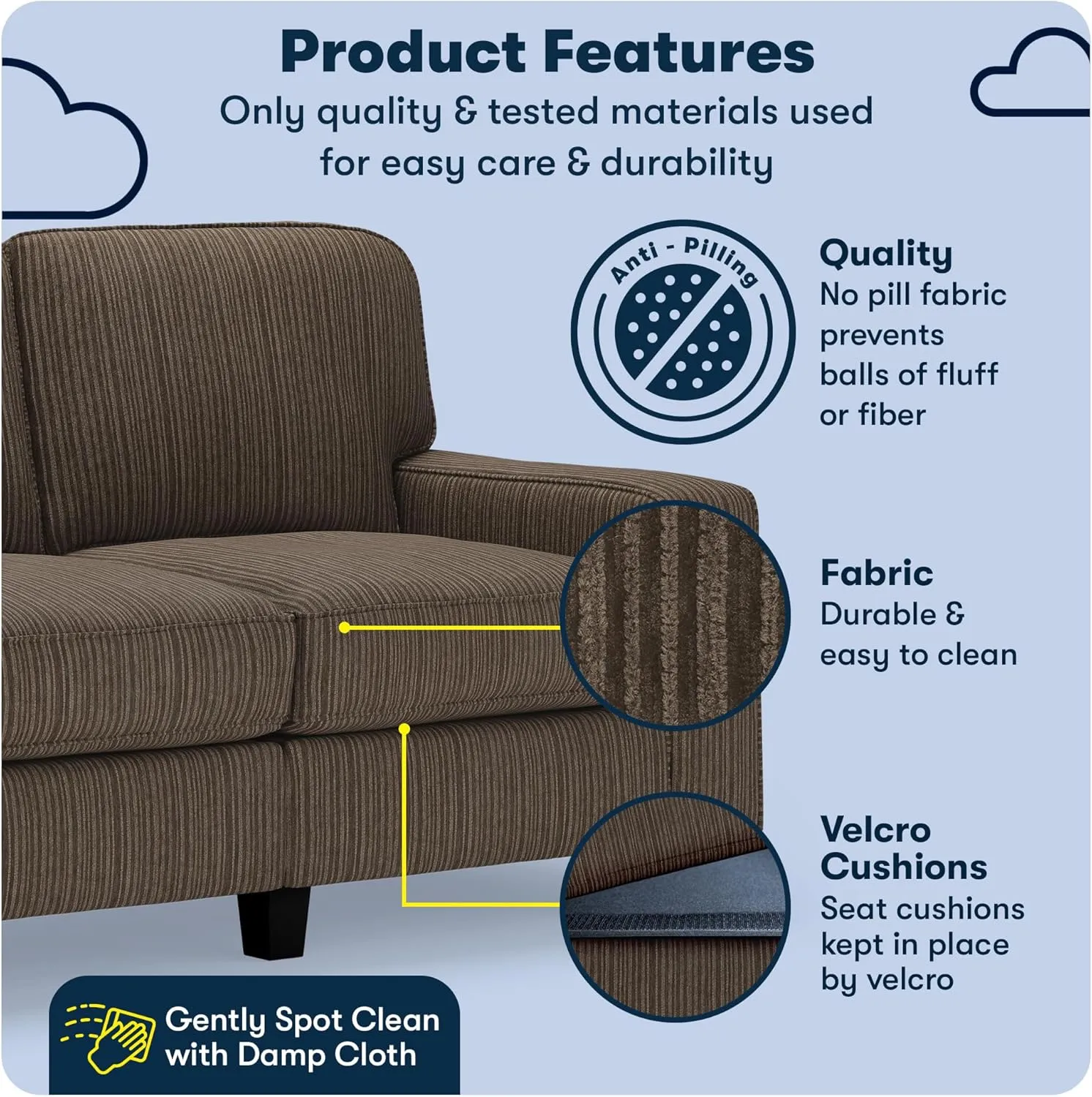 Serta Palisades 61" Track Arm Sofa, Easy Care Polyester, Soft Pillow Back, Pocket Coil Seat Cushions, Removable Covers, Loveseat or Couch for Small Spaces, Living Rooms or Bedrooms, Brown