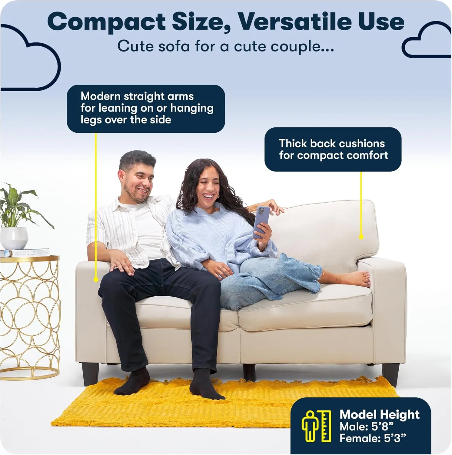 Serta Palisades 61" Track Arm Sofa, Easy Care Polyester, Soft Pillow Back, Pocket Coil Seat Cushions, Removable Covers, Loveseat or Couch for Small Spaces, Living Rooms or Bedrooms, Brown