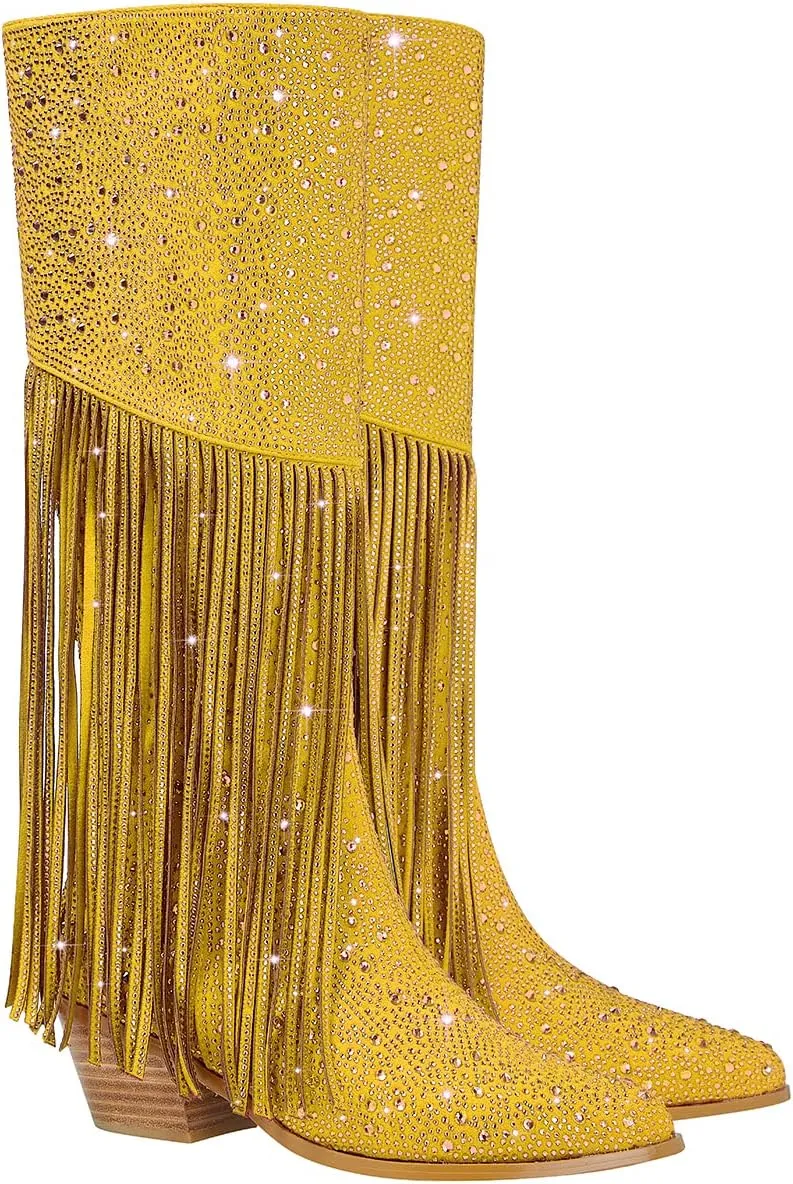 SHODENSE Fashion Rhinestone Boots Women Knee High Western Boots Fringe Low Chunky Stacked Heel Pointed Toe Mid Calf Cowboy Boots Zipper Glitter Tassel Cowgirl Boots Sparkle Dress Boot Fall 4-11 M US