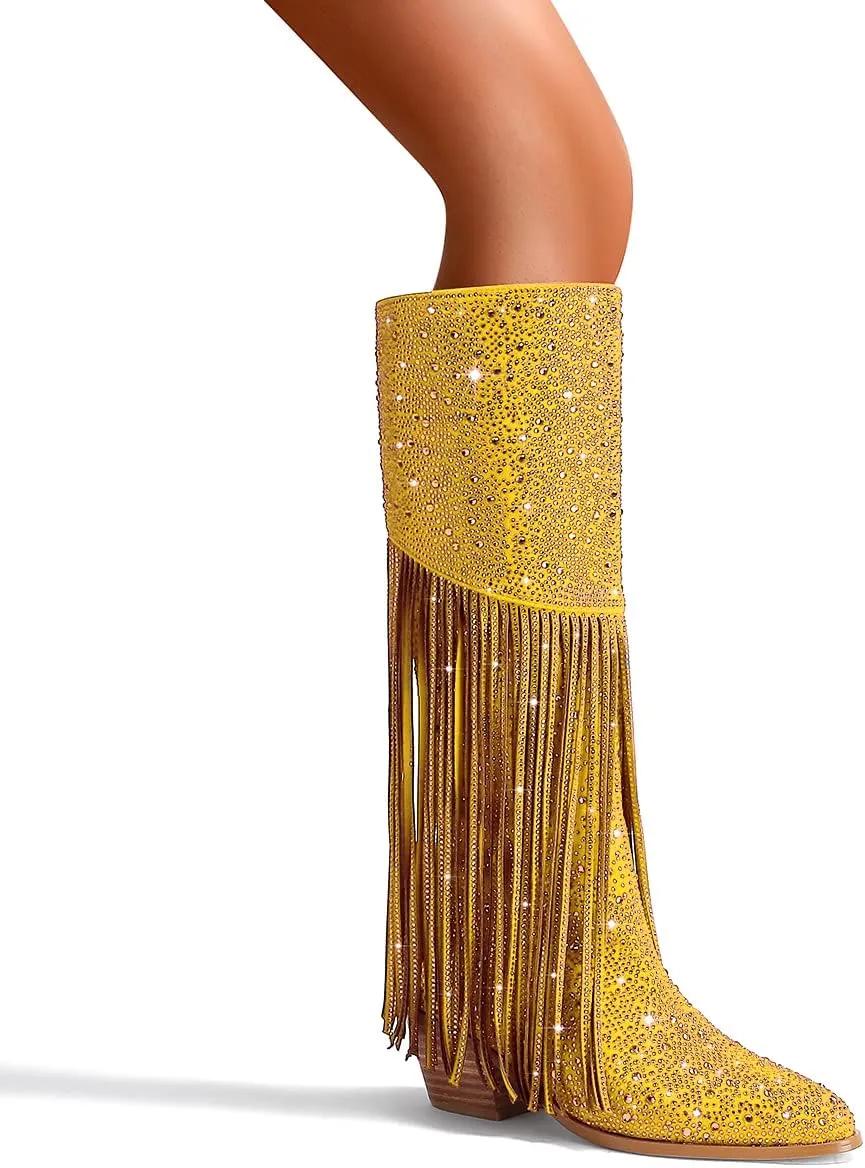 SHODENSE Fashion Rhinestone Boots Women Knee High Western Boots Fringe Low Chunky Stacked Heel Pointed Toe Mid Calf Cowboy Boots Zipper Glitter Tassel Cowgirl Boots Sparkle Dress Boot Fall 4-11 M US