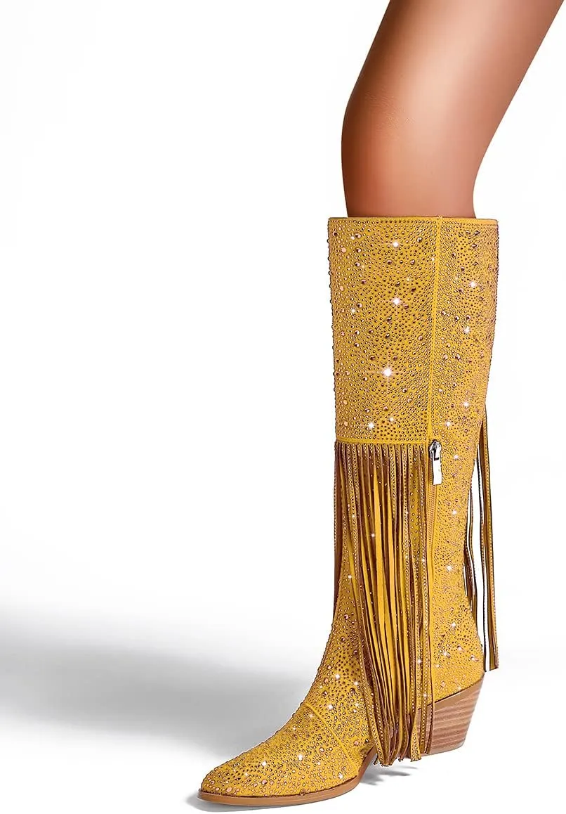 SHODENSE Fashion Rhinestone Boots Women Knee High Western Boots Fringe Low Chunky Stacked Heel Pointed Toe Mid Calf Cowboy Boots Zipper Glitter Tassel Cowgirl Boots Sparkle Dress Boot Fall 4-11 M US
