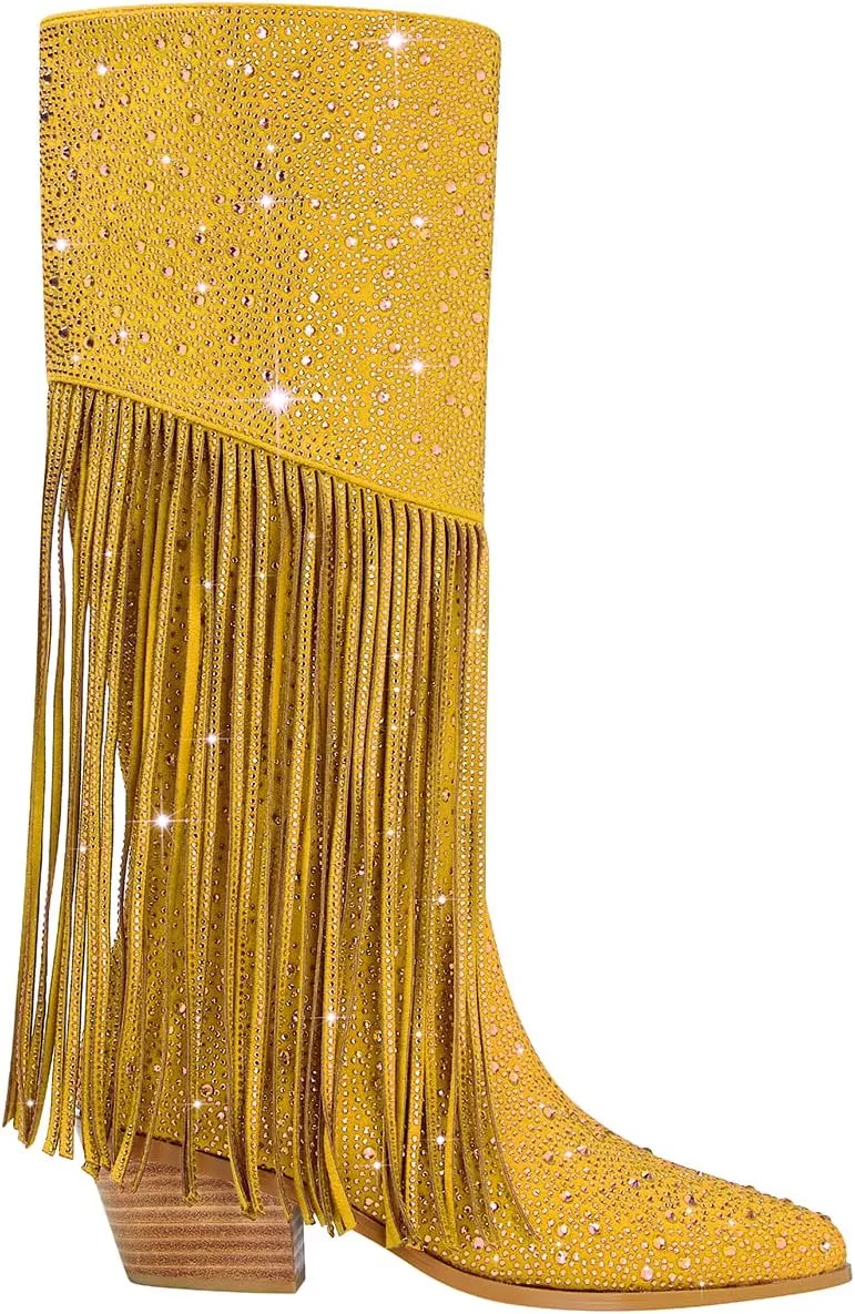 SHODENSE Fashion Rhinestone Boots Women Knee High Western Boots Fringe Low Chunky Stacked Heel Pointed Toe Mid Calf Cowboy Boots Zipper Glitter Tassel Cowgirl Boots Sparkle Dress Boot Fall 4-11 M US