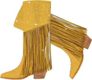 SHODENSE Fashion Rhinestone Boots Women Knee High Western Boots Fringe Low Chunky Stacked Heel Pointed Toe Mid Calf Cowboy Boots Zipper Glitter Tassel Cowgirl Boots Sparkle Dress Boot Fall 4-11 M US