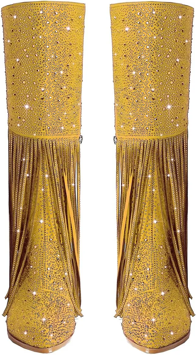 SHODENSE Fashion Rhinestone Boots Women Knee High Western Boots Fringe Low Chunky Stacked Heel Pointed Toe Mid Calf Cowboy Boots Zipper Glitter Tassel Cowgirl Boots Sparkle Dress Boot Fall 4-11 M US