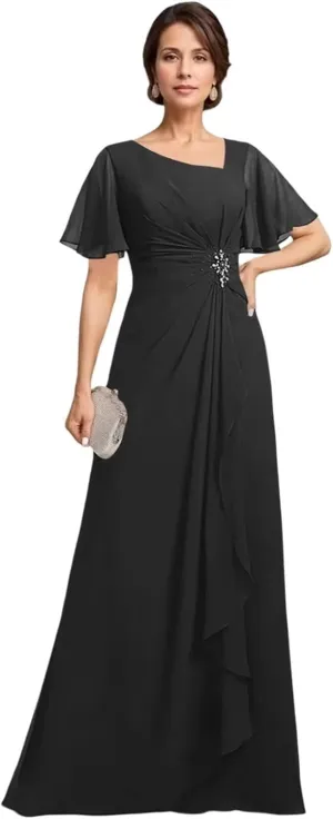 Short Sleeve Mother of The Bride Dresses for Women Ruffle Beaded Formal Evening Gowns for Wedding Guest
