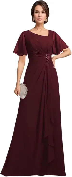 Short Sleeve Mother of The Bride Dresses for Women Ruffle Beaded Formal Evening Gowns for Wedding Guest