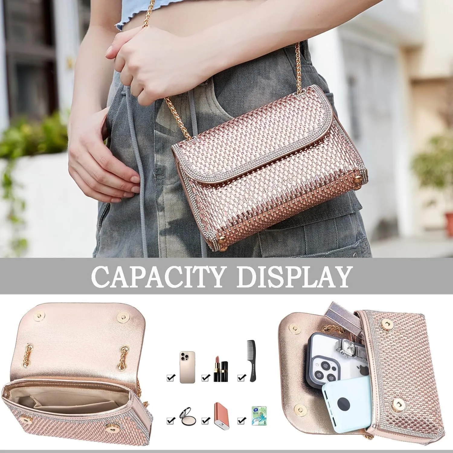 Shoulder Bags Crossbody Bag Purses Handbags Crystals Rhinestone Evening Bag for Women Clutch Purse with Chain