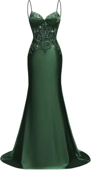 Silk Beaded Prom Dresses Long for Women Mermaid Formal Dresses Spaghetti Straps Evening Party Gowns