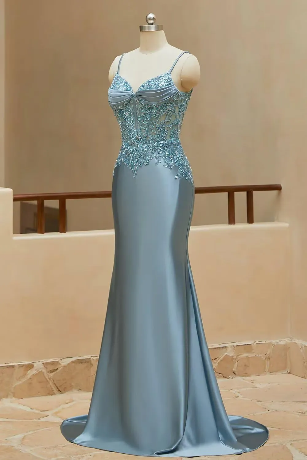 Silk Beaded Prom Dresses Long for Women Mermaid Formal Dresses Spaghetti Straps Evening Party Gowns