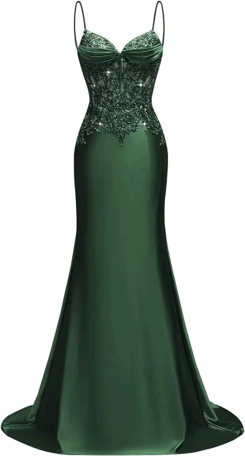 Silk Beaded Prom Dresses Long for Women Mermaid Formal Dresses Spaghetti Straps Evening Party Gowns