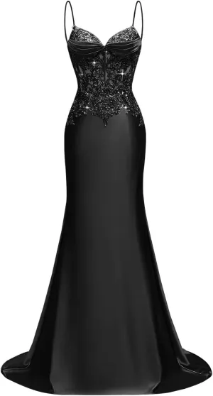 Silk Beaded Prom Dresses Long for Women Mermaid Formal Dresses Spaghetti Straps Evening Party Gowns