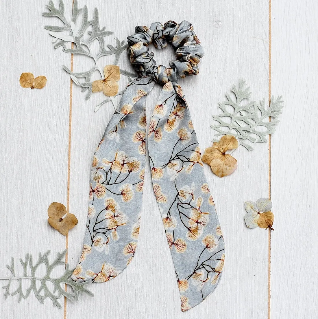 Silk Scarf Scrunchie skeletal leaves