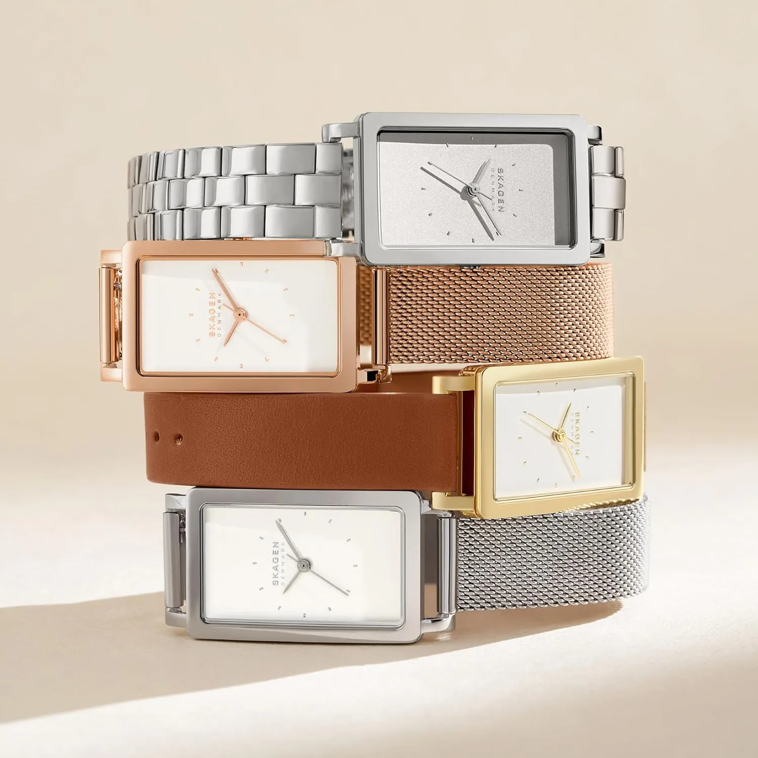 Skagen Hagen Rectangular Case Women's Watch with Stainless Steel Bracelet, Mesh or Leather Band