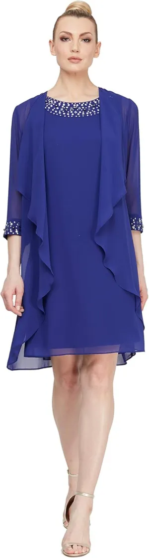 S.L. Fashions Women's Chiffon Tier Jacket Dress with Beaded Neck and Cuffs
