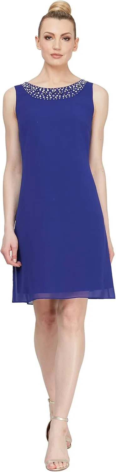 S.L. Fashions Women's Chiffon Tier Jacket Dress with Beaded Neck and Cuffs