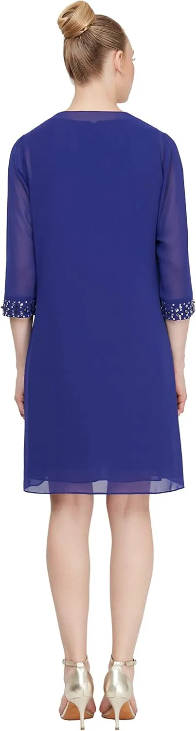 S.L. Fashions Women's Chiffon Tier Jacket Dress with Beaded Neck and Cuffs