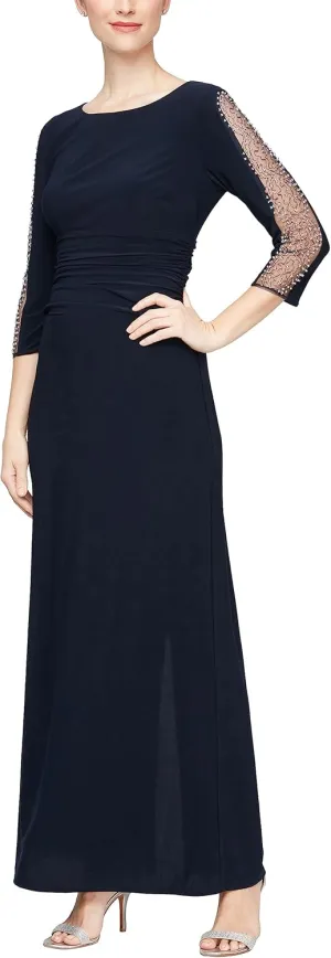 S.L. Fashions Women's Long Length Ruched Waist Formal Evening Dress with Beaded Illusion Sleeves (Petite and Regular Sizes)