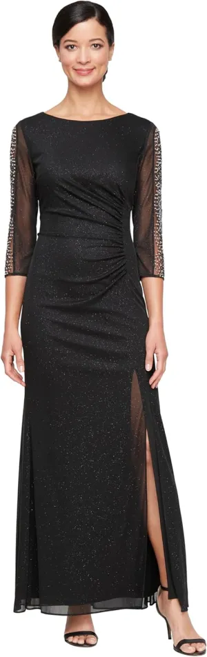 S.L. Fashions Women's Long Length Ruched Waist Formal Evening Dress with Beaded Illusion Sleeves (Petite and Regular Sizes)