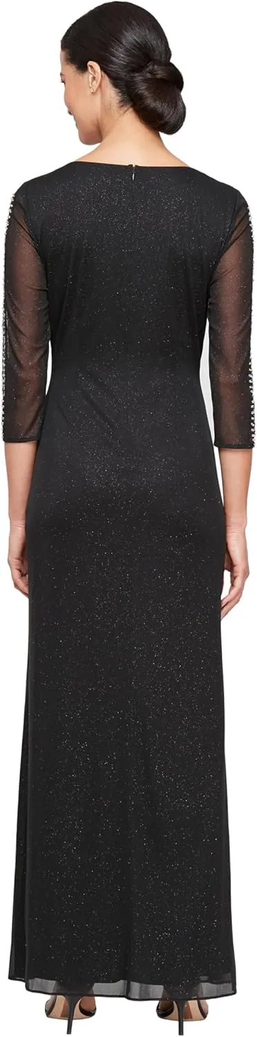 S.L. Fashions Women's Long Length Ruched Waist Formal Evening Dress with Beaded Illusion Sleeves (Petite and Regular Sizes)