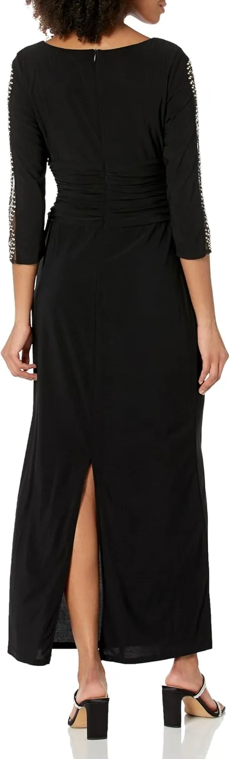 S.L. Fashions Women's Long Length Ruched Waist Formal Evening Dress with Beaded Illusion Sleeves (Petite and Regular Sizes)