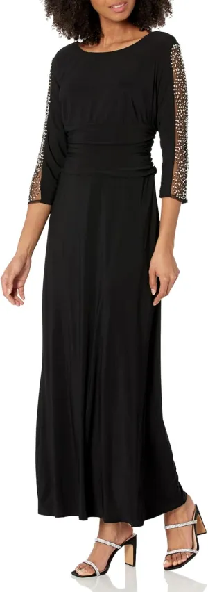 S.L. Fashions Women's Long Length Ruched Waist Formal Evening Dress with Beaded Illusion Sleeves (Petite and Regular Sizes)