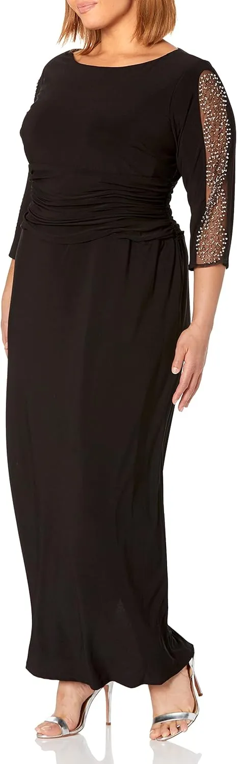 S.L. Fashions Women's Long Length Ruched Waist Formal Mother of The Dress with Beaded Illusion 3/4 Sleeves Size, Black, 16 Plus