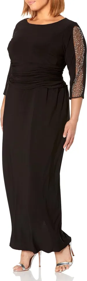 S.L. Fashions Women's Long Length Ruched Waist Formal Mother of The Dress with Beaded Illusion 3/4 Sleeves Size, Black, 16 Plus