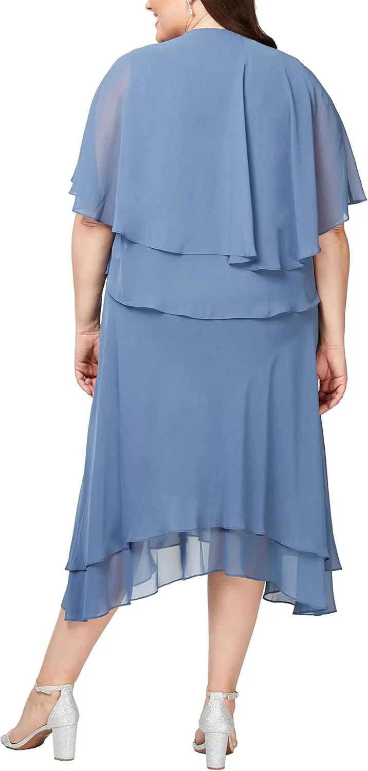 S.L. Fashions Women's Midi Length Beaded V-Neck Tiered Dress with Cascade Jacket