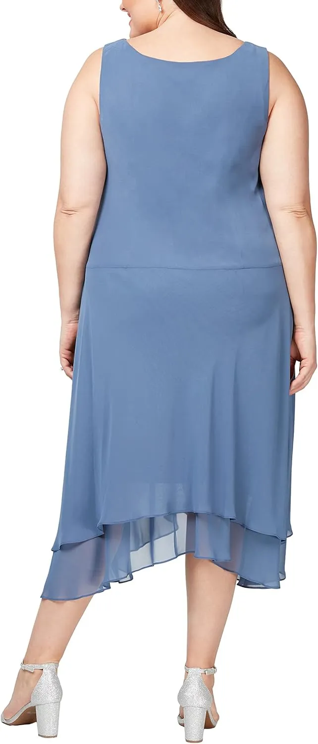 S.L. Fashions Women's Midi Length Beaded V-Neck Tiered Dress with Cascade Jacket