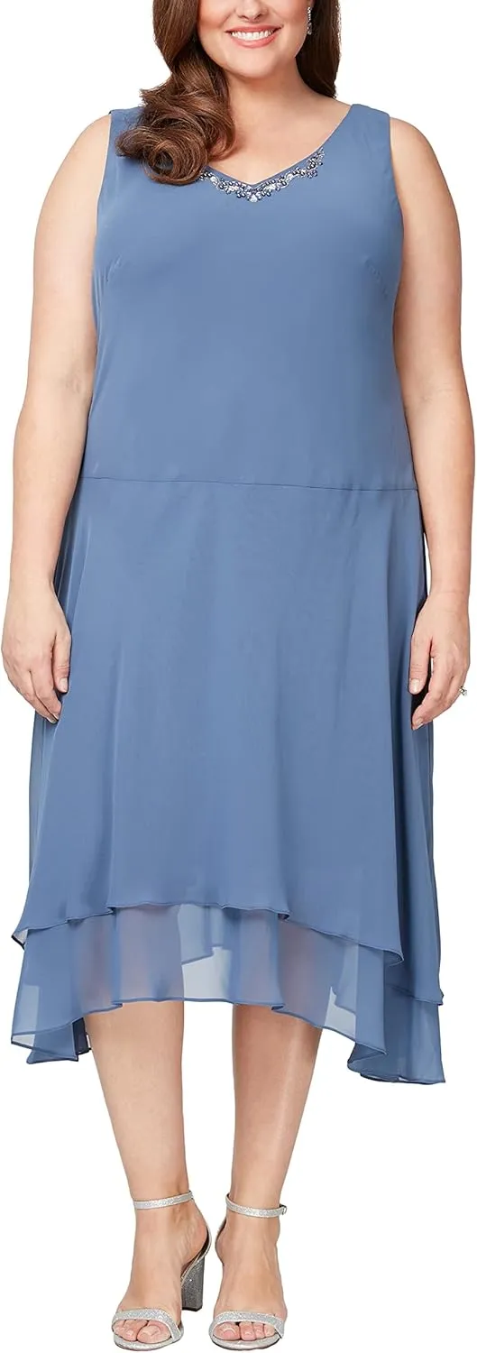 S.L. Fashions Women's Midi Length Beaded V-Neck Tiered Dress with Cascade Jacket
