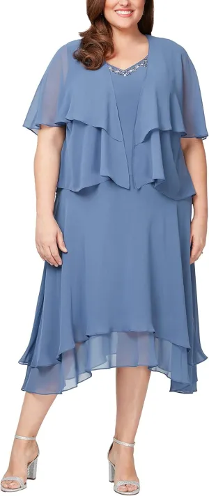 S.L. Fashions Women's Midi Length Beaded V-Neck Tiered Dress with Cascade Jacket