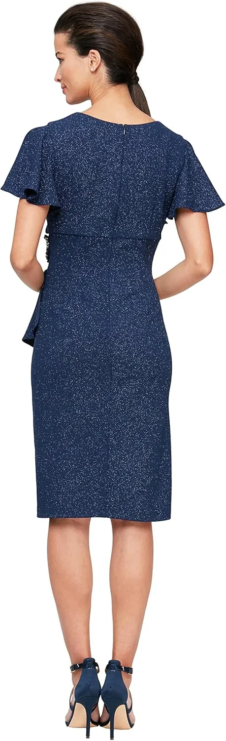 S.L. Fashions Women's Midi V-Neck Sheath Cocktail Dress W/Flutter Sleeves, Wedding Guest (Petite and Regular Sizes)