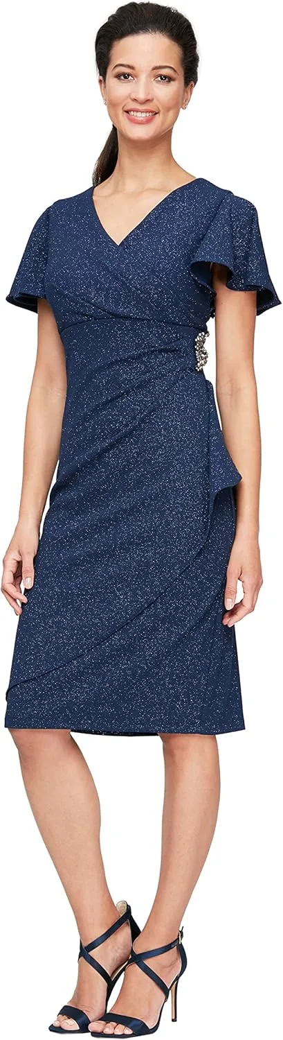 S.L. Fashions Women's Midi V-Neck Sheath Cocktail Dress W/Flutter Sleeves, Wedding Guest (Petite and Regular Sizes)