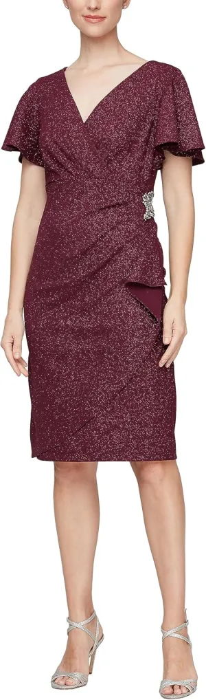 S.L. Fashions Women's Midi V-Neck Sheath Cocktail Dress W/Flutter Sleeves, Wedding Guest (Petite and Regular Sizes)