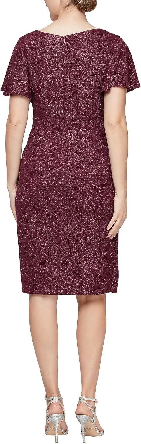 S.L. Fashions Women's Midi V-Neck Sheath Cocktail Dress W/Flutter Sleeves, Wedding Guest (Petite and Regular Sizes)