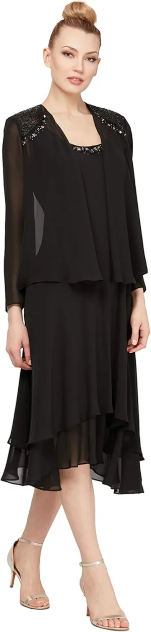 S.L. Fashions Women's Mother of the Bride Dress w/ Embellished Neckline & Shoulder, Wedding Guest (Petite and Regular Sizes)