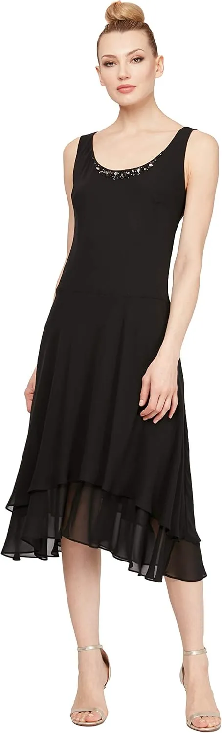 S.L. Fashions Women's Mother of the Bride Dress w/ Embellished Neckline & Shoulder, Wedding Guest (Petite and Regular Sizes)