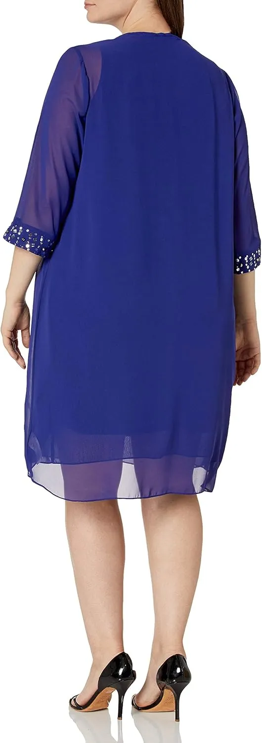 S.L. Fashions Women's Plus Size Chiffon Tier Jacket Dress with Beading Detail