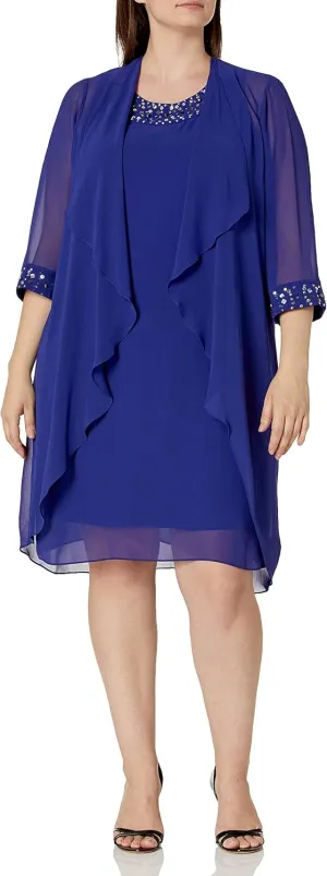 S.L. Fashions Women's Plus Size Chiffon Tier Jacket Dress with Beading Detail