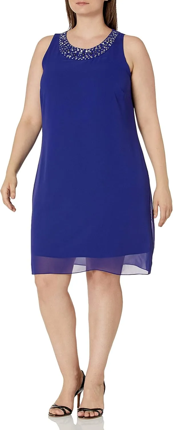 S.L. Fashions Women's Plus Size Chiffon Tier Jacket Dress with Beading Detail