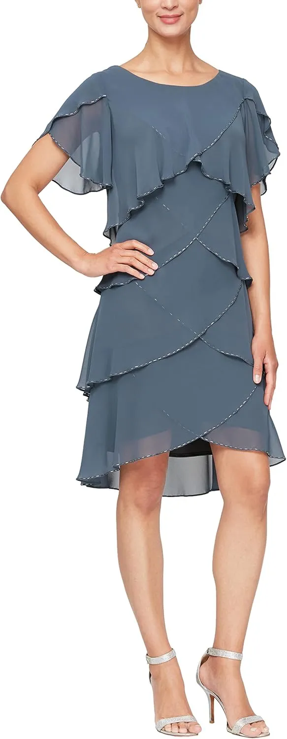 S.L. Fashions Women's Short Tulip Sleeve Tiered Chiffon Cocktail Dress, Wedding Guest Gown (Petite and Regular Sizes)