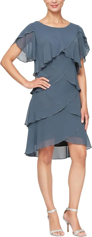S.L. Fashions Women's Short Tulip Sleeve Tiered Chiffon Cocktail Dress, Wedding Guest Gown (Petite and Regular Sizes)