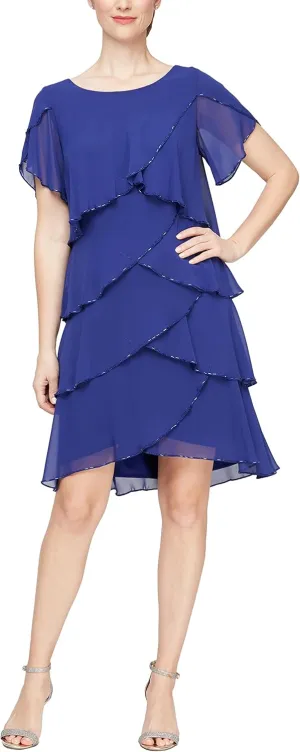 S.L. Fashions Women's Short Tulip Sleeve Tiered Chiffon Cocktail Dress, Wedding Guest Gown (Petite and Regular Sizes)
