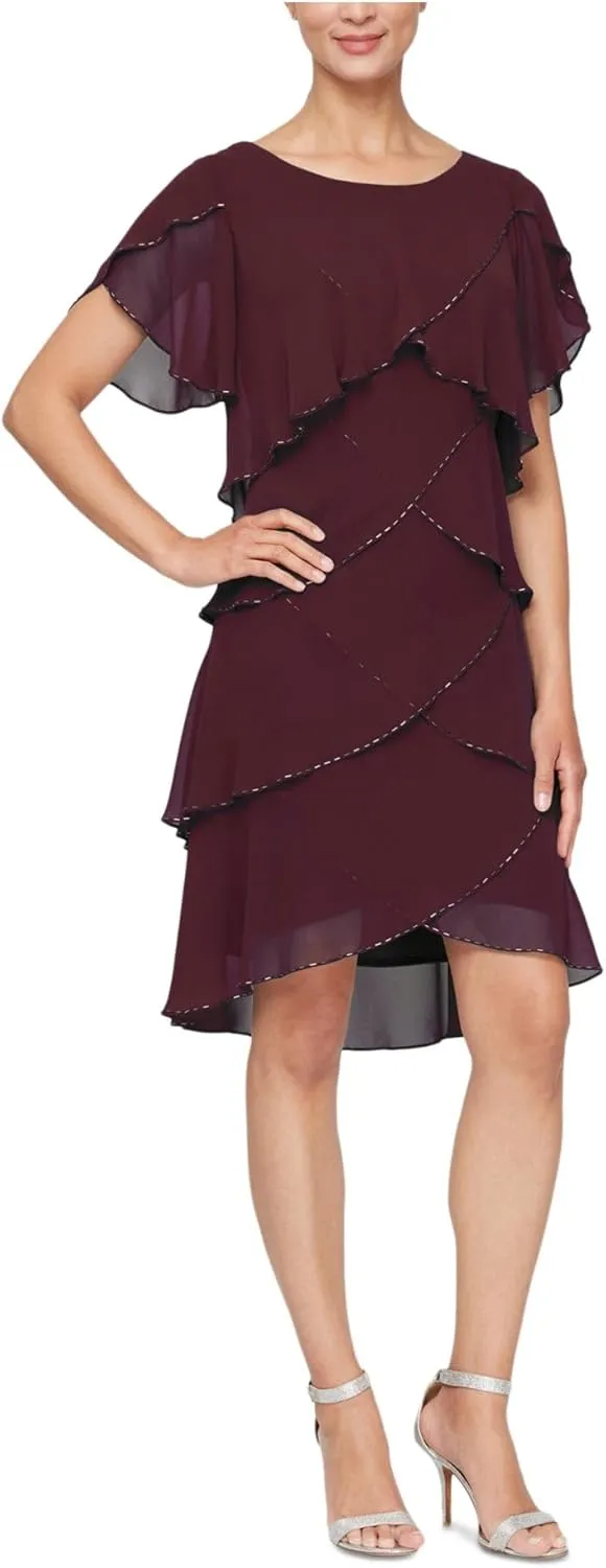 S.L. Fashions Women's Short Tulip Sleeve Tiered Chiffon Cocktail Dress, Wedding Guest Gown (Petite and Regular Sizes)