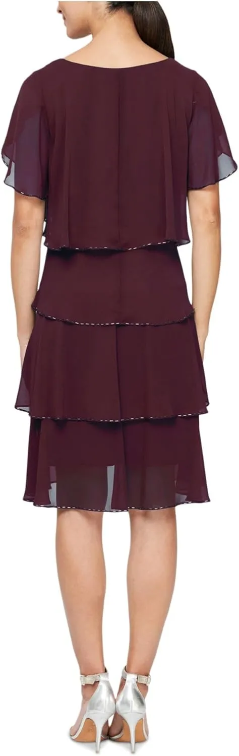 S.L. Fashions Women's Short Tulip Sleeve Tiered Chiffon Cocktail Dress, Wedding Guest Gown (Petite and Regular Sizes)